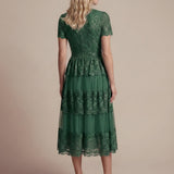 Robe en tulle A-line longueur thé à manches courtes décolleté en V avec sequins