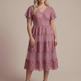 Robe en tulle A-line longueur thé à manches courtes décolleté en V avec sequins