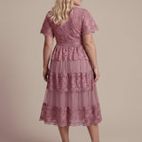 Robe en tulle A-line longueur thé à manches courtes décolleté en V avec sequins