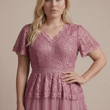 Robe en tulle A-line longueur thé à manches courtes décolleté en V avec sequins