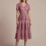 Robe en tulle A-line longueur thé à manches courtes décolleté en V avec sequins
