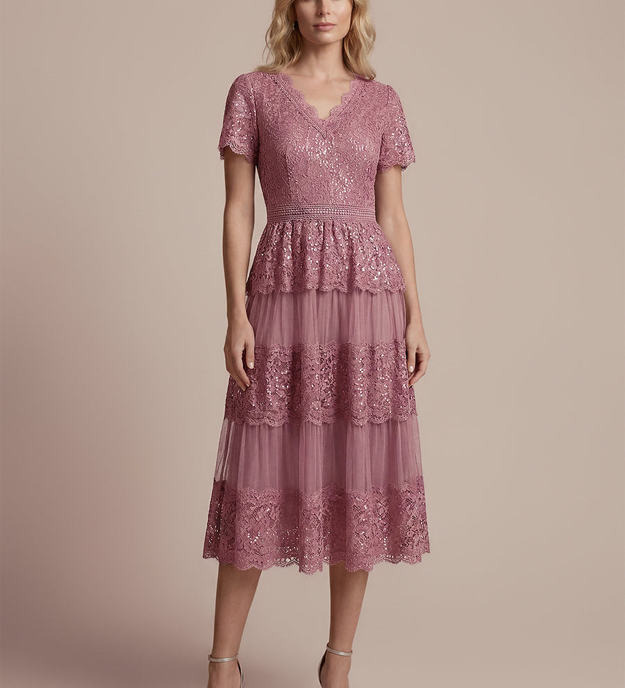 Robe en tulle A-line longueur thé à manches courtes décolleté en V avec sequins