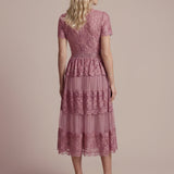 Robe en tulle A-line longueur thé à manches courtes décolleté en V avec sequins