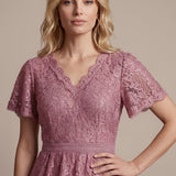 Robe en tulle A-line longueur thé à manches courtes décolleté en V avec sequins