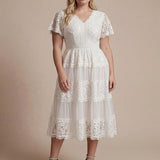 Robe en tulle A-line longueur thé à manches courtes décolleté en V avec sequins