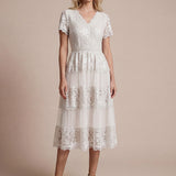 Robe en tulle A-line longueur thé à manches courtes décolleté en V avec sequins