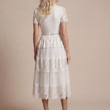 Robe en tulle A-line longueur thé à manches courtes décolleté en V avec sequins