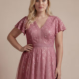Robe midi évasée en tulle avec manches courtes décolleté en V et volants
