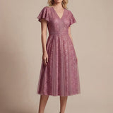 Robe midi évasée en tulle avec manches courtes décolleté en V et volants