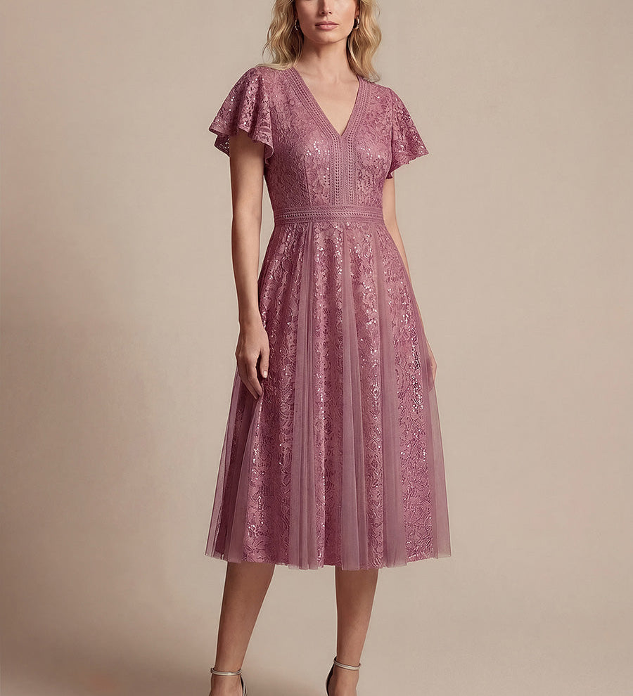 Robe midi évasée en tulle avec manches courtes décolleté en V et volants
