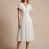 Robe midi évasée en tulle avec manches courtes décolleté en V et volants