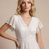 Robe midi évasée en tulle avec manches courtes décolleté en V et volants