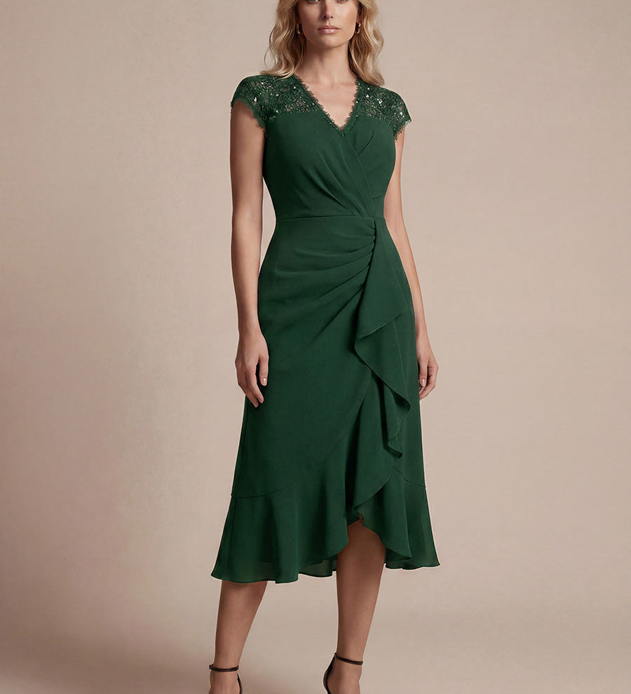 Robe midi sirène à volants en sequins à manches courtes avec décolleté croisé