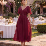 ever DAHLIA|Robe d'invité de mariage mi-longue en mousseline à col en V avec appliques à la taille