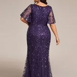 ever DIONE|Robe de soirée en queue de poisson à paillettes et feuilles à col en V