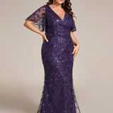ever DIONE|Robe de soirée en queue de poisson à paillettes et feuilles à col en V