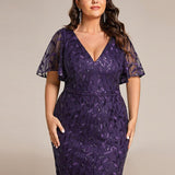 ever DIONE|Robe de soirée en queue de poisson à paillettes et feuilles à col en V