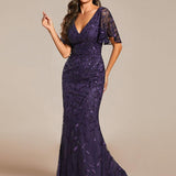 ever DIONE|Robe de soirée en queue de poisson à paillettes et feuilles à col en V