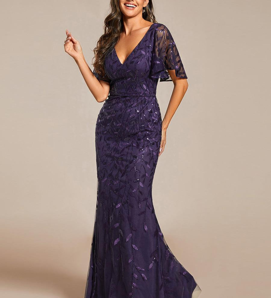 ever DIONE|Robe de soirée en queue de poisson à paillettes et feuilles à col en V