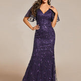 ever DIONE|Robe de soirée en queue de poisson à paillettes et feuilles à col en V
