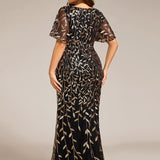 ever DIONE|Robe de soirée en queue de poisson à paillettes et feuilles à col en V