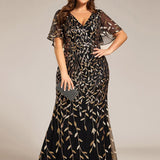 ever DIONE|Robe de soirée en queue de poisson à paillettes et feuilles à col en V