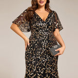 ever DIONE|Robe de soirée en queue de poisson à paillettes et feuilles à col en V