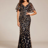 ever DIONE|Robe de soirée en queue de poisson à paillettes et feuilles à col en V