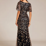 ever DIONE|Robe de soirée en queue de poisson à paillettes et feuilles à col en V