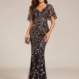ever DIONE|Robe de soirée en queue de poisson à paillettes et feuilles à col en V