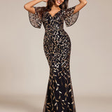 ever DIONE|Robe de soirée en queue de poisson à paillettes et feuilles à col en V