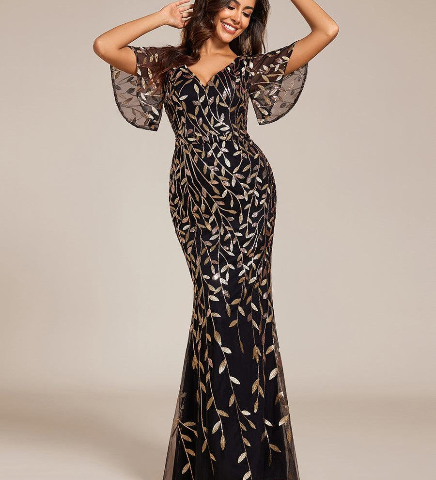 ever DIONE|Robe de soirée en queue de poisson à paillettes et feuilles à col en V