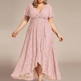 ever ELISE|Robe de soirée en dentelle plissée à manches courtes et col en V
