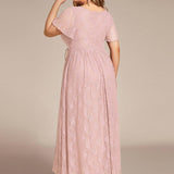 ever ELISE|Robe de soirée en dentelle plissée à manches courtes et col en V