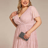 ever ELISE|Robe de soirée en dentelle plissée à manches courtes et col en V