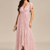 ever ELISE|Robe de soirée en dentelle plissée à manches courtes et col en V