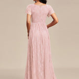 ever ELISE|Robe de soirée en dentelle plissée à manches courtes et col en V