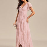 ever ELISE|Robe de soirée en dentelle plissée à manches courtes et col en V