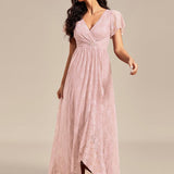 ever ELISE|Robe de soirée en dentelle plissée à manches courtes et col en V