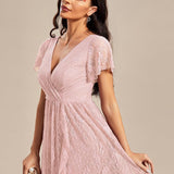 ever ELISE|Robe de soirée en dentelle plissée à manches courtes et col en V