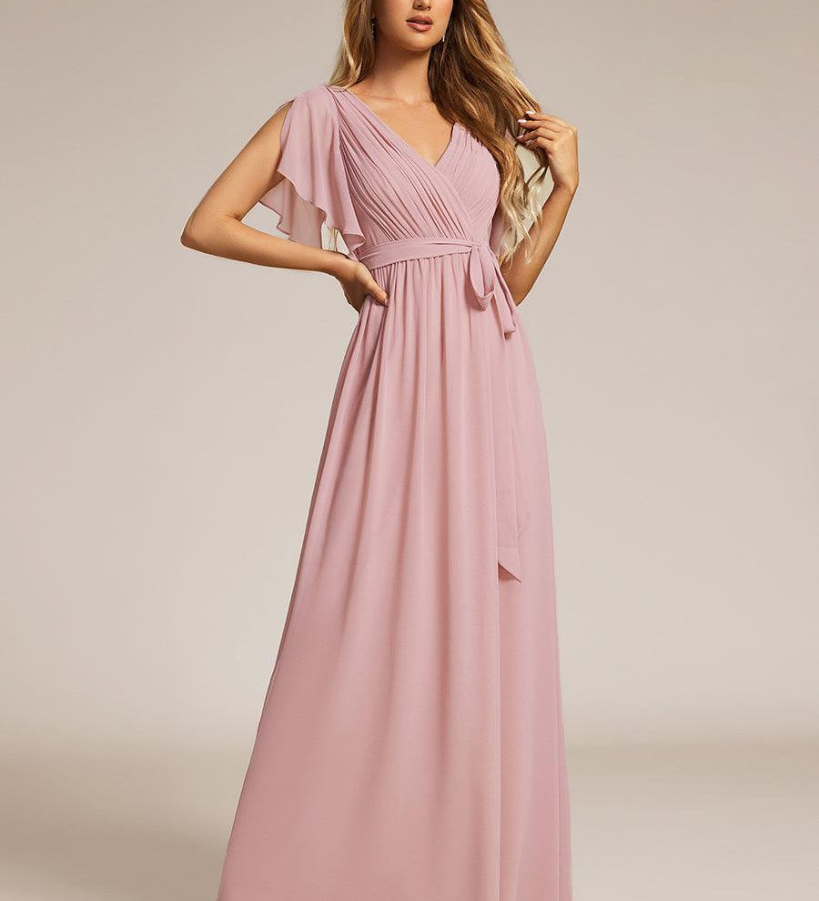 ever LEORA|Robe de soirée en mousseline de soie à col V et à manches flottantes