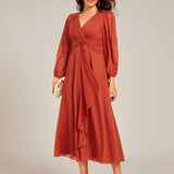 ever EMBER|Robe de soirée trapèze scintillante à manches longues et col en V en mousseline de soie avec torsadé(Vente finale)