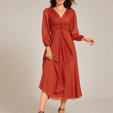 ever EMBER|Robe de soirée trapèze scintillante à manches longues et col en V en mousseline de soie avec torsadé(Vente finale)