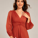 ever EMBER|Robe de soirée trapèze scintillante à manches longues et col en V en mousseline de soie avec torsadé(Vente finale)