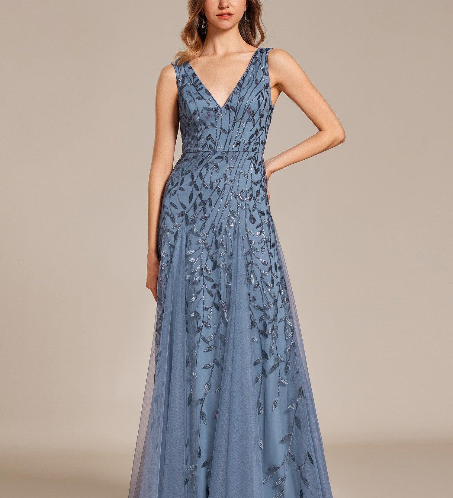 ever ZOEY|Robes de soirée trapèze pailletées sans manches à col en V