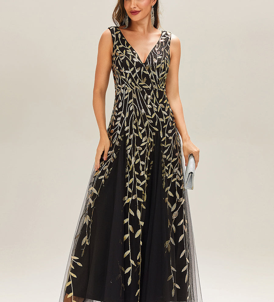 ever ZOEY|Robes de soirée trapèze pailletées sans manches à col en V
