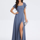 Robe de soirée à manches volantées et col carré