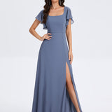 Robe de soirée à manches volantées et col carré