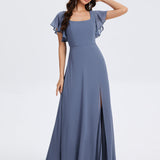 Robe de soirée à manches volantées et col carré