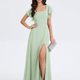 Robe de soirée à manches volantées et col carré